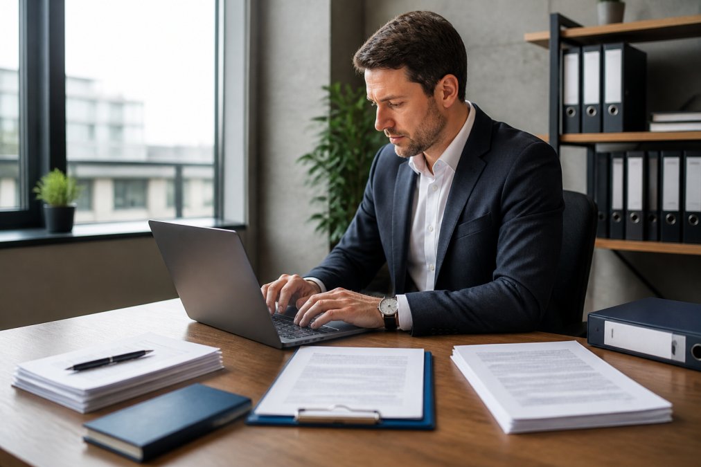 Business professional working at laptop with compliance checklist, beneficial ownership documents, and nominee shareholder agreements spread across modern office desk with natural window lighting