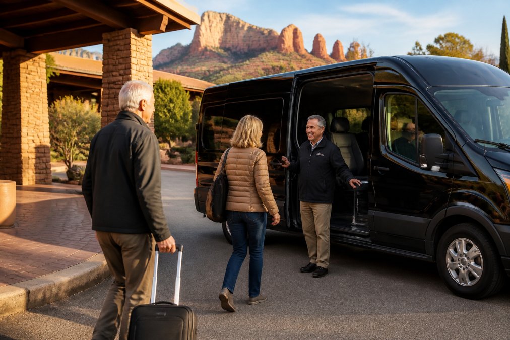 Professional guide assisting passengers boarding a comfortable Ford Transit van at a scenic Sedona hotel entrance, morning light illuminating the red rock formations in the background