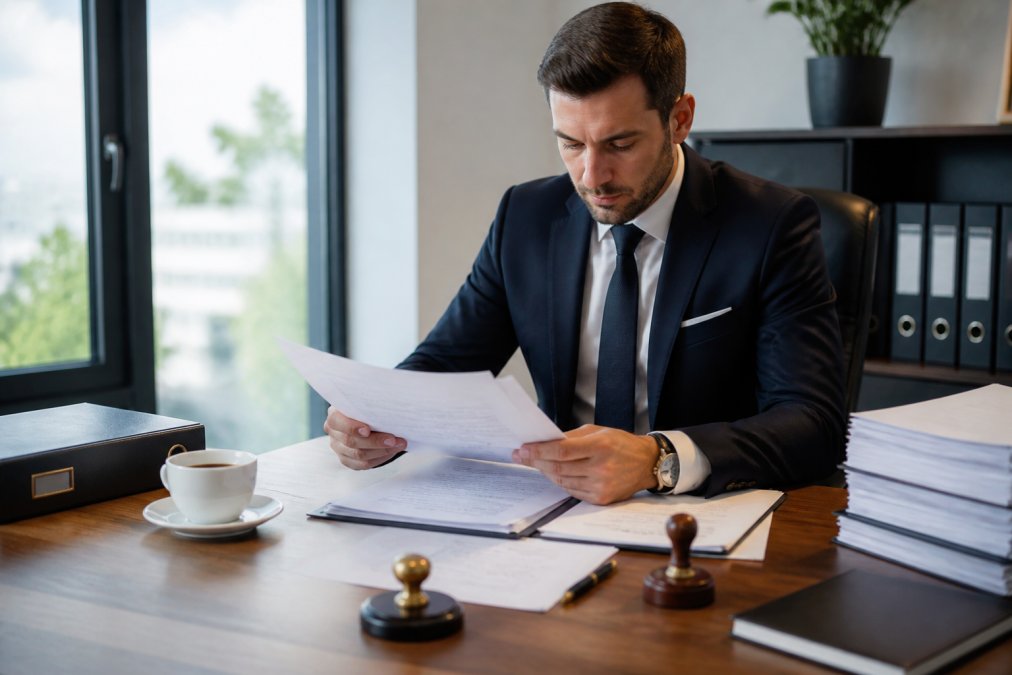 Business professional in modern office reviewing legal documents and notarization papers at a desk with laptop and coffee, natural window lighting