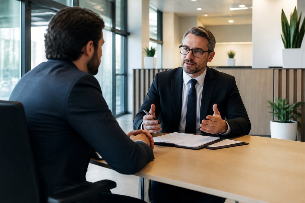 International entrepreneur in modern bank office meeting with professional banker to discuss corporate account setup, contemporary interior with natural lighting