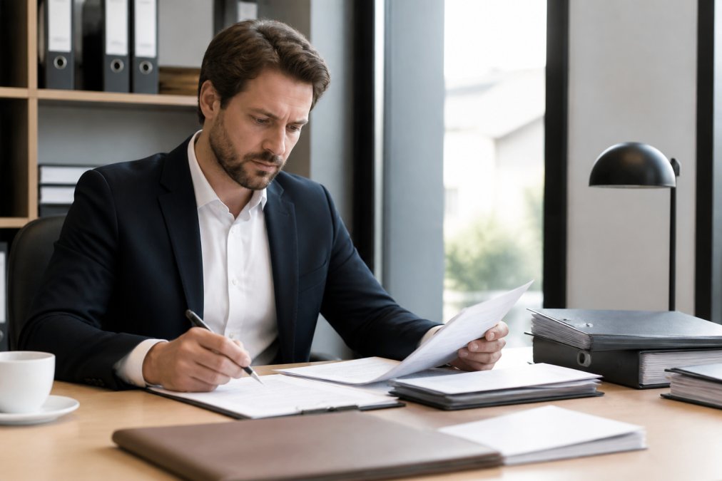 International business professional seated at a modern desk reviewing formation documents and contract papers, with a pen in hand and organized file folders nearby, natural window lighting illuminating the workspace