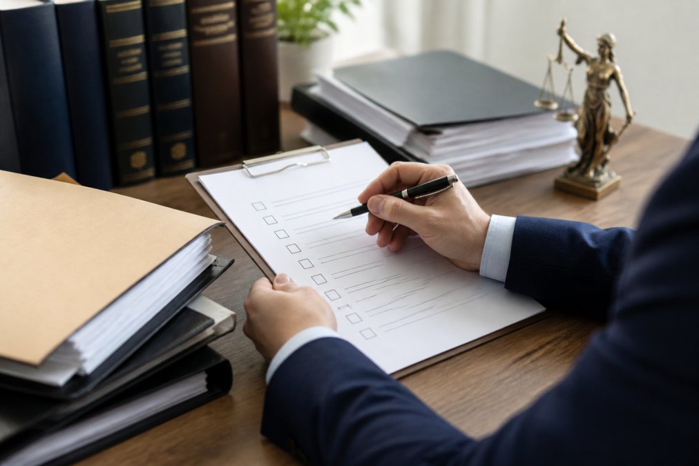 Close-up of hands holding a detailed compliance checklist document with pen poised to check items, surrounded by organized legal files and corporate documents on a professional desk with soft office lighting