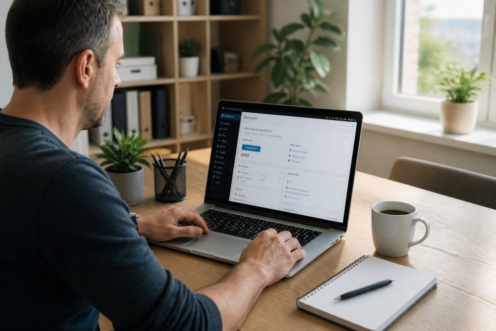 Person sitzt am Schreibtisch vor Laptop mit WordPress-Dashboard auf dem Bildschirm, Notizbuch und Kaffeetasse daneben, helles Homeoffice mit Tageslicht