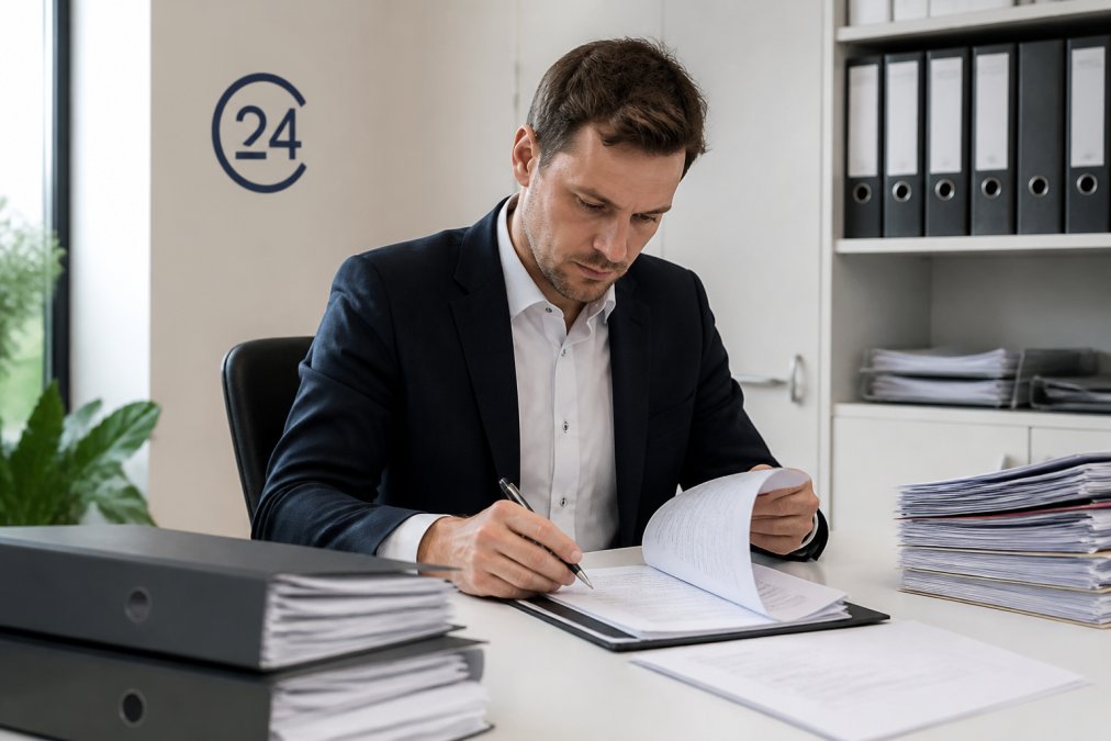Geschäftsführer sitzt an Schreibtisch und überprüft Finanzunterlagen und Dokumente; im Hintergrund Ordner und Laptop mit Geschäftsdaten
