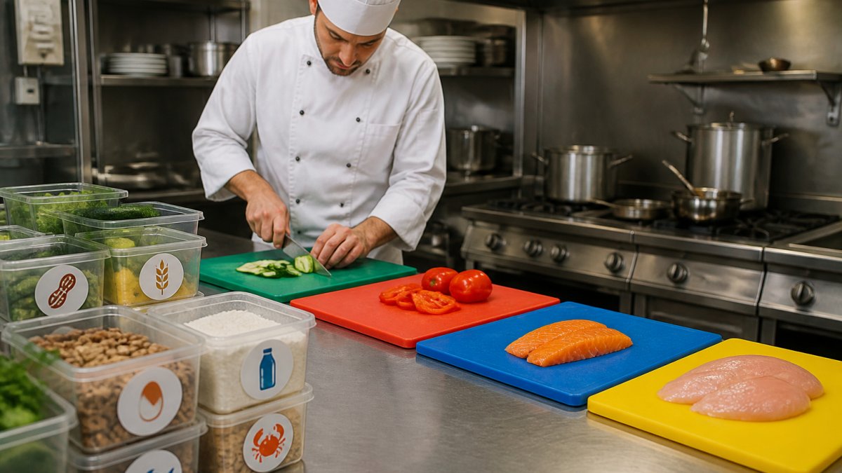 Chef professional preparando alimentos en cocina moderna con tablas de corte separadas etiquetadas por colores, contenedores de ingredientes marcados con símbolos de alérgenos, bajo iluminación de cocina profesional