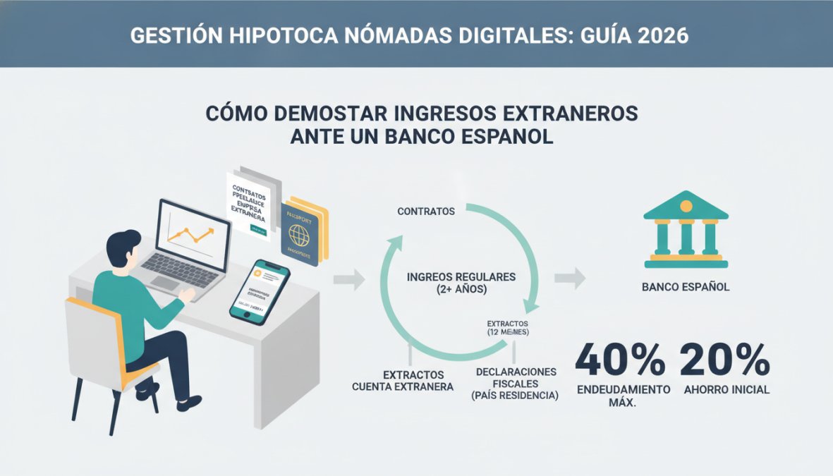 Persona trabajando de forma remota en un escritorio moderno con documentos financieros, pasaporte y smartphone mostrando una aplicación bancaria, bajo luz natural de ventana