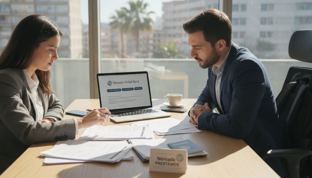 Asesor financiero profesional y cliente revisando documentos hipotecarios juntos en un escritorio luminoso de oficina, con ordenador portátil abierto mostrando opciones bancarias