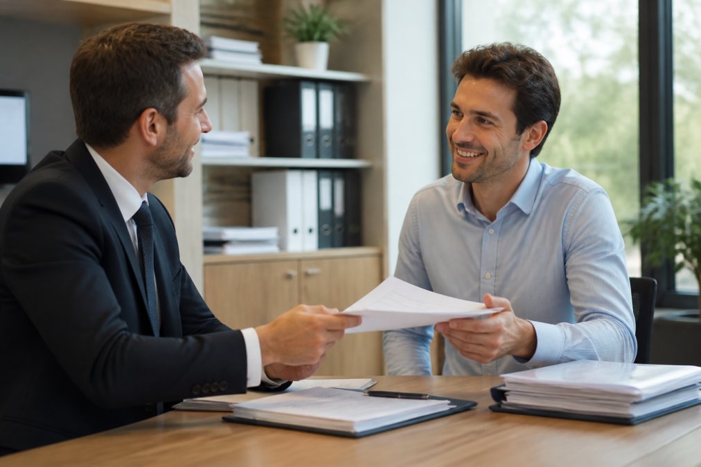 Un conseiller immobilier en costume remettant un document signé à un propriétaire souriant assis face à lui, bureau moderne avec dossiers et ordinateur portable, lumière naturelle venant d'une grande fenêtre