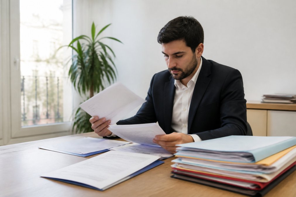 Un agent immobilier examinant des dossiers de candidatures de locataires à son bureau, avec des documents et un ordinateur portable, lumière naturelle du jour