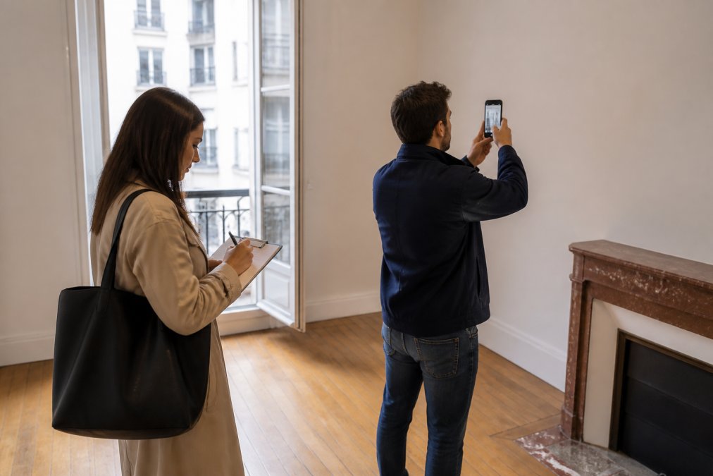 Un propriétaire et un locataire effectuant un état des lieux d'entrée, inspectant une pièce et prenant des notes, photos à l'appui