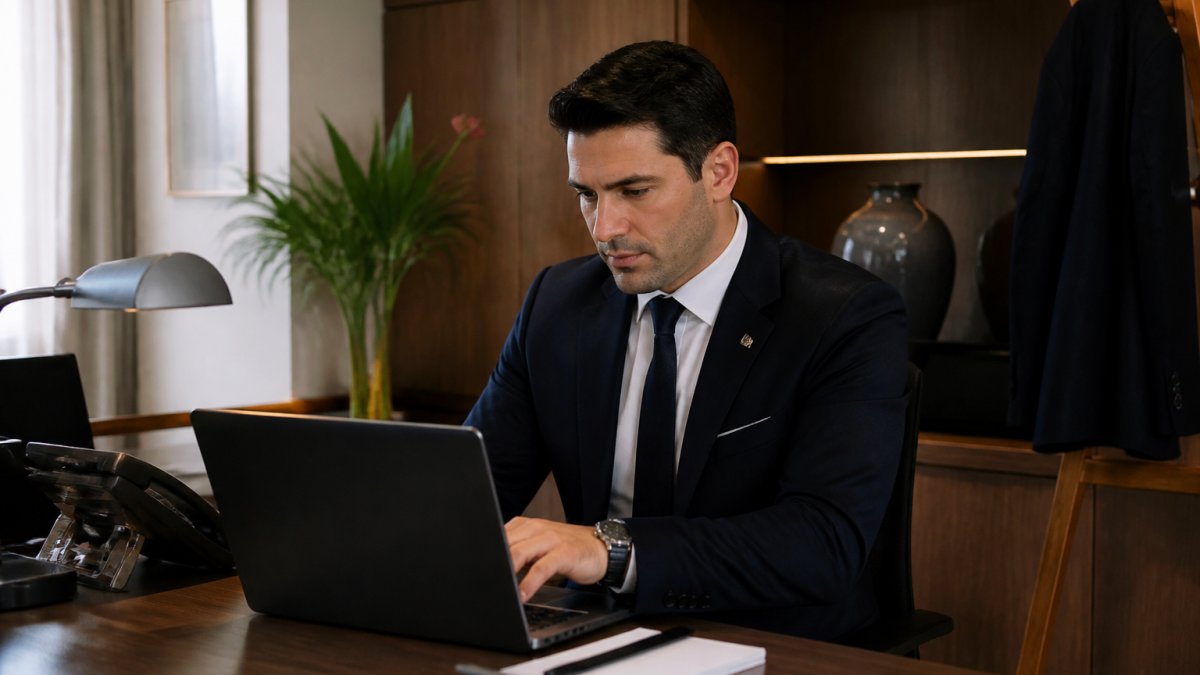 Gerente de hotel trabajando en un ordenador con pantalla de seguridad, monitoreando sistemas de reservas en un despacho profesional