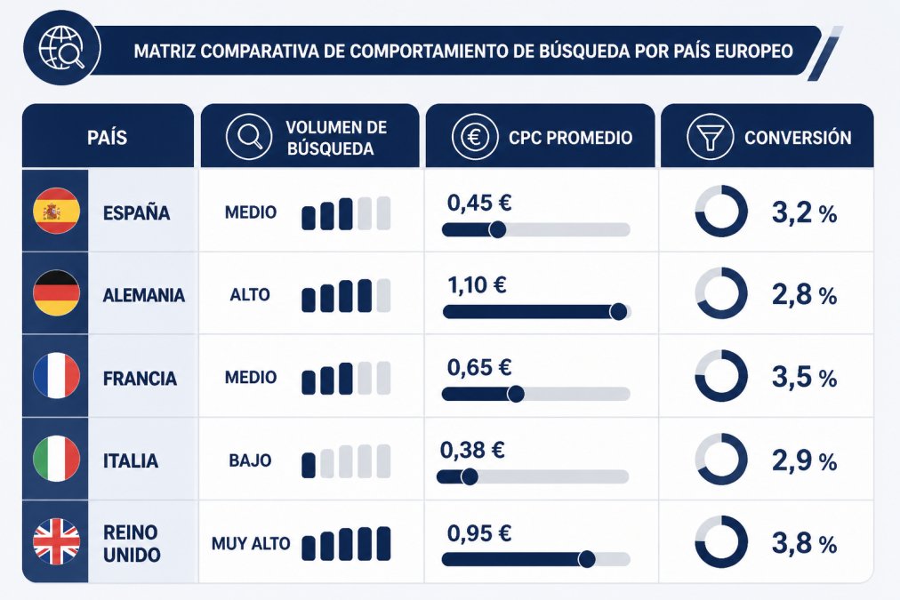 Matriz comparativa de comportamiento de búsqueda por país europeo: España (volumen búsqueda medio, CPC 0,45€, conversión 3,2%), Alemania (volumen alto, CPC 1,10€, conversión 2,8%), Francia (volumen medio, CPC 0,65€, conversión 3,5%), Italia (volumen bajo, CPC 0,38€, conversión 2,9%), Reino Unido (volumen muy alto, CPC 0,95€, conversión 3,8%)