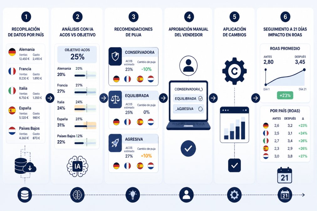 Flujo de proceso de automatización de pujas: recopilación de datos de rendimiento por país → análisis con IA de ACOS vs objetivo → generación de recomendaciones de puja (conservadora, equilibrada, agresiva) → aprobación manual del vendedor → aplicación de cambios → seguimiento a 21 días de impacto en ROAS
