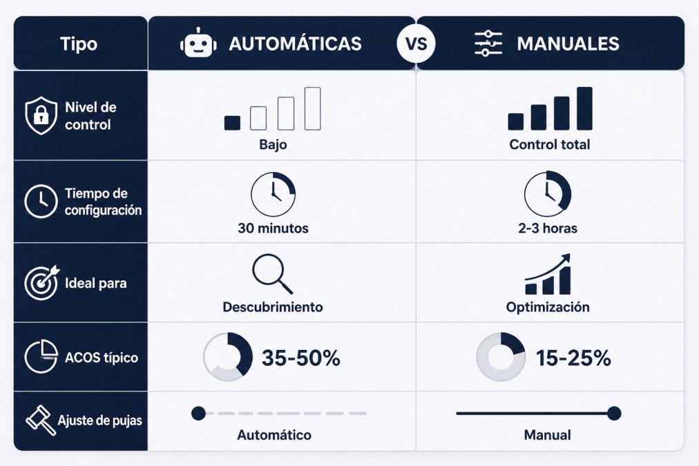 Matriz de comparación: Campañas automáticas vs. manuales. Columnas: Tipo, Nivel de control, Tiempo de configuración, Ideal para, ACOS típico, Ajuste de pujas. Filas mostrando automáticas con bajo control, 30 minutos, descubrimiento, ACOS 35-50%. Manuales con control total, 2-3 horas, optimización, ACOS 15-25%