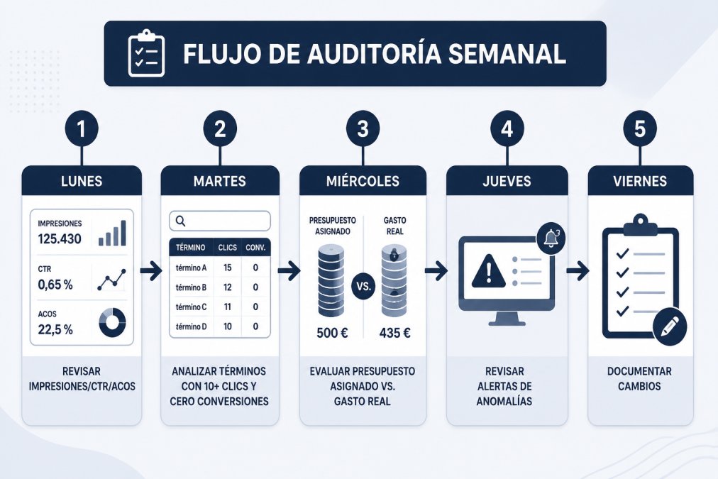 Flujo de auditoría semanal con 5 pasos: Lunes, revisar impresiones/CTR/ACOS; Martes, analizar términos con 10+ clics y cero conversiones; Miércoles, evaluar presupuesto asignado vs. gasto real; Jueves, revisar alertas de anomalías; Viernes, documentar cambios. Cada paso conectado con flechas mostrando progresión