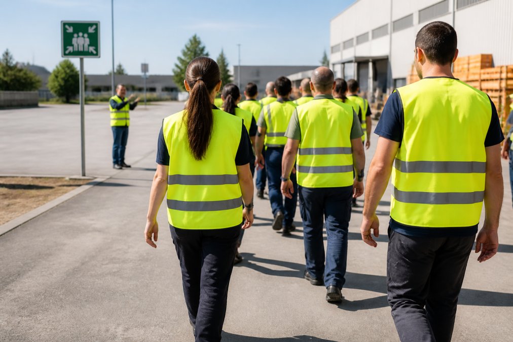 Operatori di magazzino con giubbotti ad alta visibilità che si dirigono ordinatamente verso il punto di raccolta esterno durante un'esercitazione antincendio, in un ampio piazzale industriale illuminato dalla luce naturale