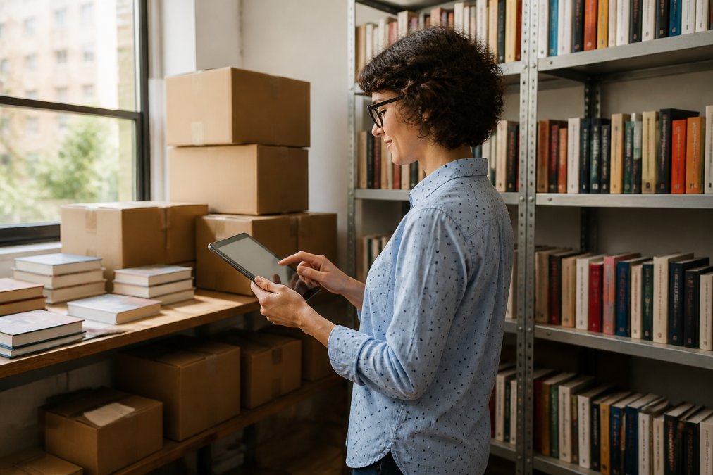 Persona che consulta un tablet mostrando schermate di inventario e dati di scorte in un magazzino ordinato di una piccola libreria, con scatole di libri impilate sullo sfondo e luce naturale dalla finestra