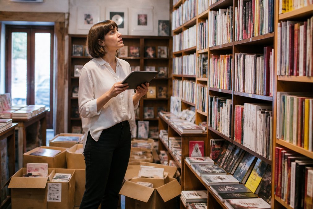 Libraia usa un tablet per la gestione magazzino tra scaffali di libri e scatole appena consegnate in una libreria.