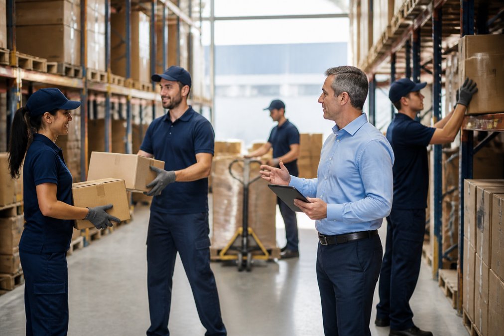 Squadra di logistica coordina il carico merci per gestire i picchi lavoro stagionali in un magazzino moderno.