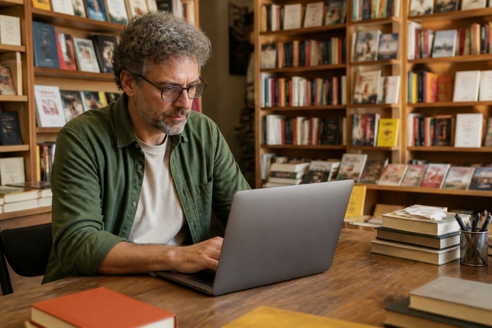 Libraio che consulta dati di inventario su un laptop in una libreria indipendente, con scaffali di libri sullo sfondo e lo schermo che mostra numeri di giacenza in tempo reale