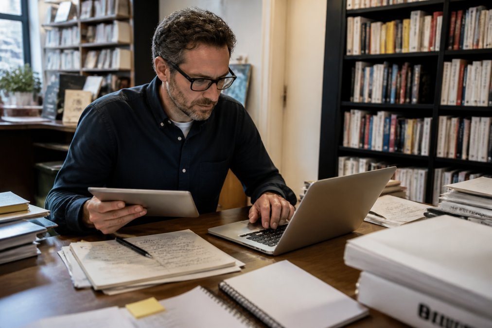 Professionista che consulta dati su un tablet mentre lavora su un computer portatile in un ufficio di libreria, con documenti e note sparse sulla scrivania