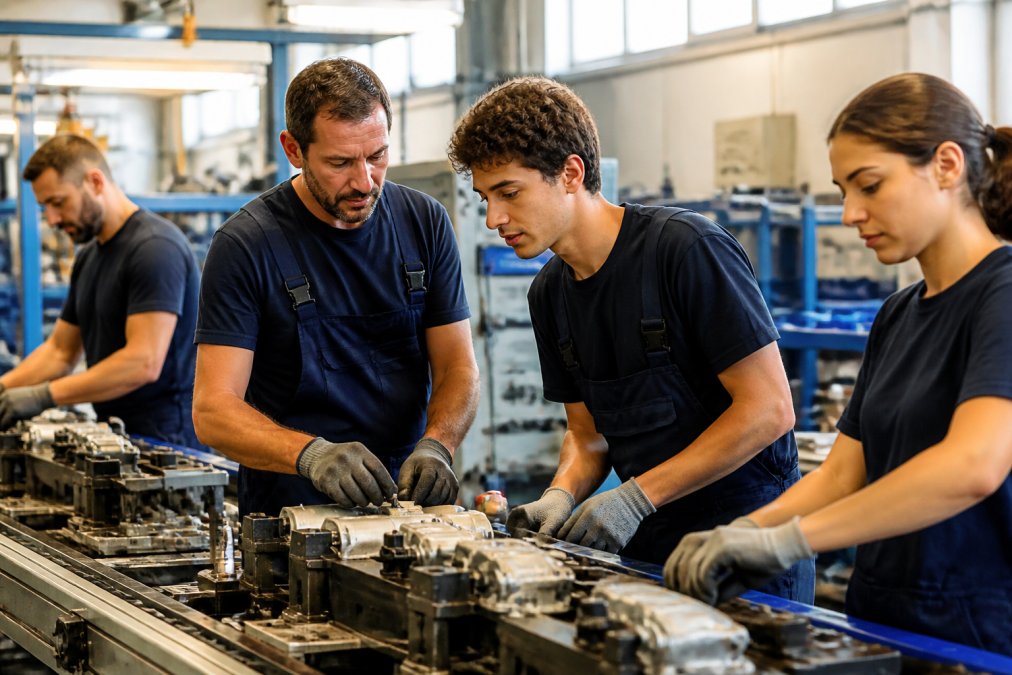 Un team di operai qualificati al lavoro in un reparto produttivo, concentrati su attività di assemblaggio e controllo qualità, con illuminazione naturale da finestre e attrezzature industriali sullo sfondo