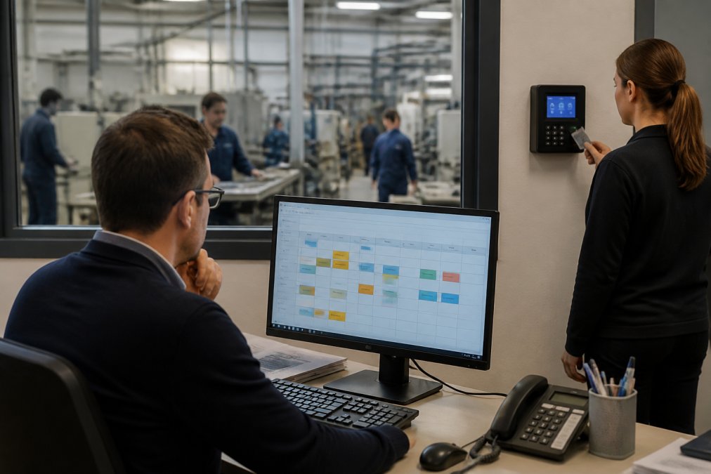 Un responsabile operativo che consulta una dashboard di pianificazione turni su uno schermo con grafici e calendari, con un cartellino elettronico visibile su una parete sullo sfondo di un ufficio di produzione