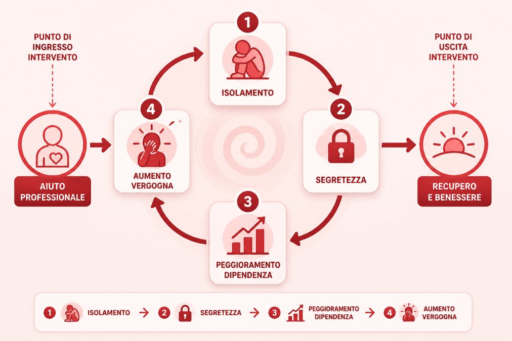 Flowchart showing the shame cycle: isolation → secrecy → worsening dependence → increased shame, with intervention entry and exit points marked