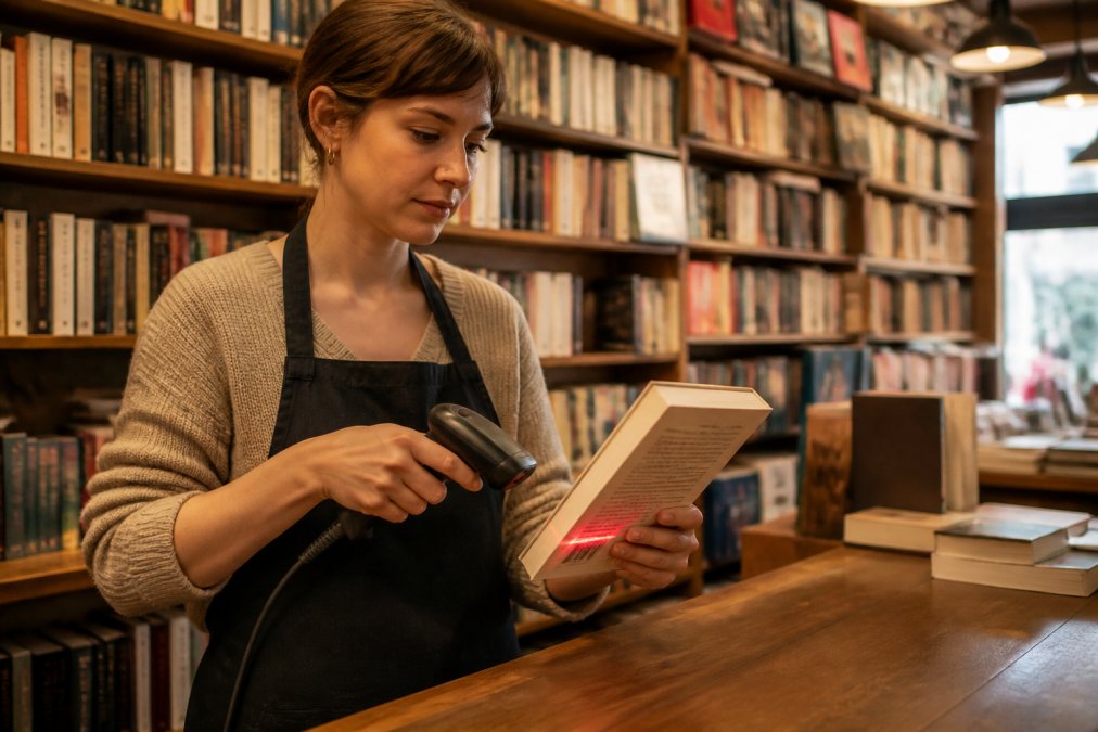 A bookstore employee scanning a book barcode with a handheld optical reader at a wooden counter, warm ambient lighting, shelves of books densely packed in the background