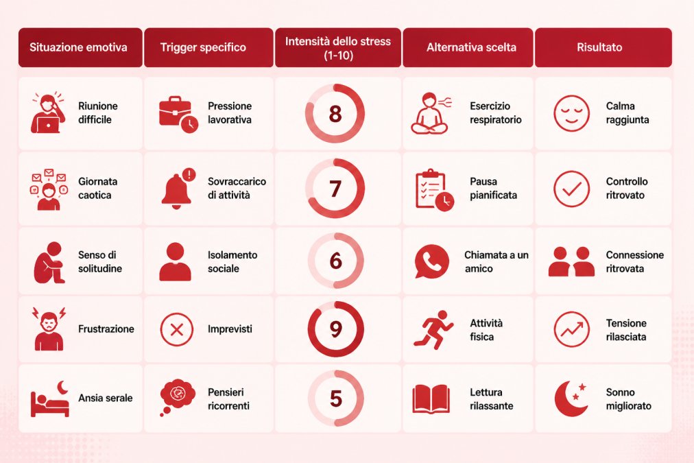 Matrice trigger-risposta con colonne: Situazione emotiva, Trigger specifico, Intensità dello stress (1-10), Alternativa scelta, Risultato. Esempi: Riunione difficile → Pressione lavorativa → 8 → Esercizio respiratorio → Calma raggiunta