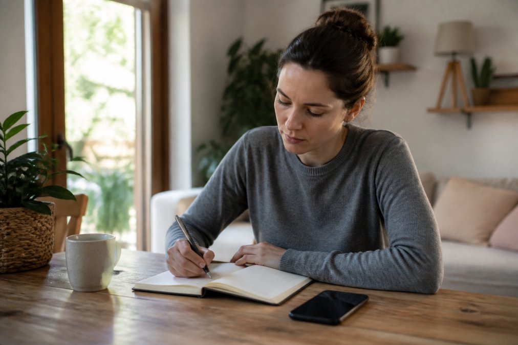 Persona seduta a casa che scrive in un diario o prende appunti, con uno smartphone accanto sul tavolo, in un ambiente calmo e illuminato naturalmente