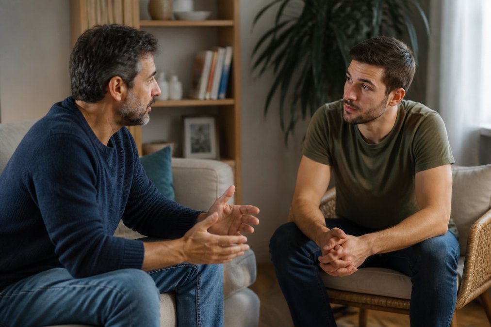 Due persone che parlano in un ambiente domestico confortevole, con un'atmosfera di ascolto empatico e supporto reciproco