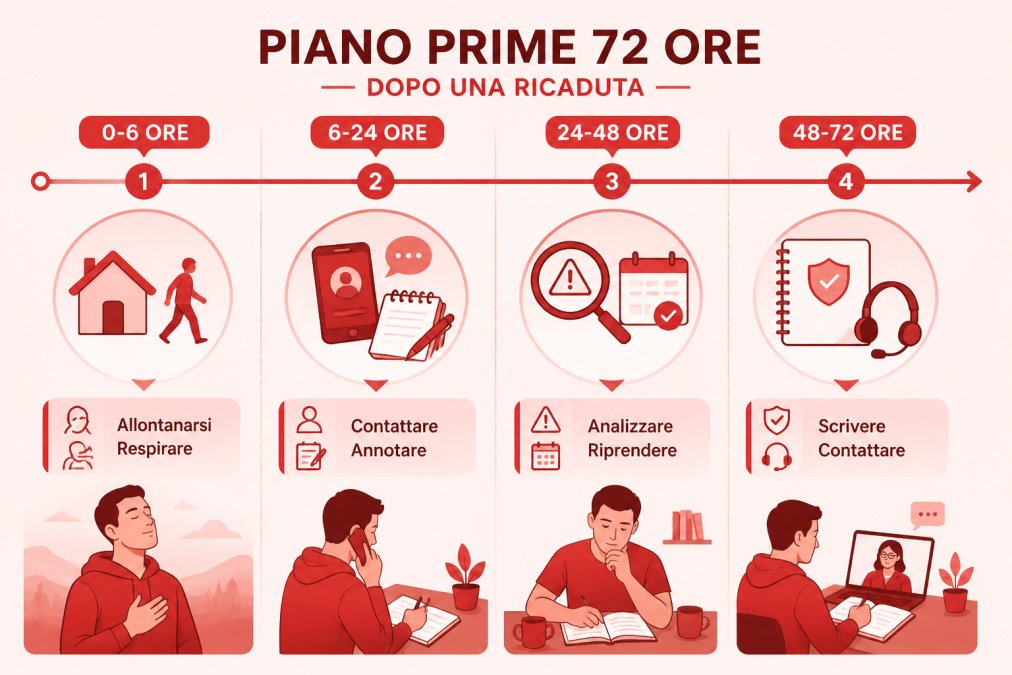Timeline oraria delle prime 72 ore dopo una ricaduta: 0-6 ore per allontanarsi dal contesto e respirare, 6-24 ore per contattare una persona di fiducia e annotare cosa è successo, 24-48 ore per analizzare i trigger e riprendere le routine, 48-72 ore per scrivere il piano di prevenzione e contattare un supporto professionale