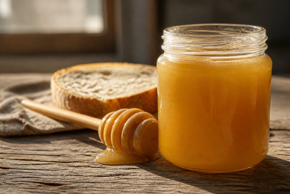 Nahaufnahme eines offenen Honigglases auf einem Holztisch, daneben ein Honiglöffel mit cremigem Honig und ein Stück frisches Brot, warmes Tageslicht von der Seite