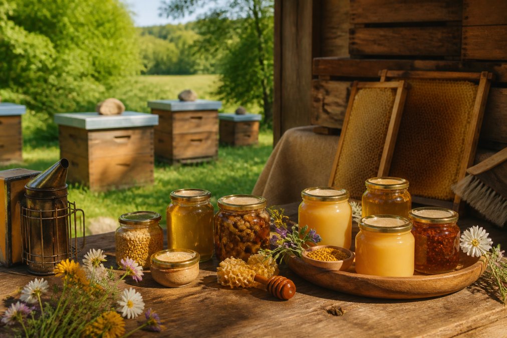 Handwerklich verarbeitete Honig-Gläser von Bricher Beien in einer regionalen Manufaktur-Umgebung mit Bienenstöcken im Hintergrund, natürlichem Tageslicht und traditionellen Imkergeräten