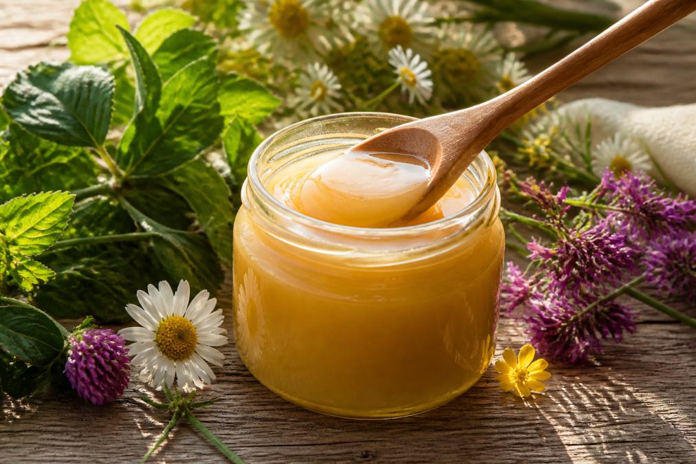 Nahaufnahme eines Honigglases mit cremigem Honig auf einem Holzlöffel, umgeben von Wildblumen und grünen Blättern, natürliches Sonnenlicht das durch das Glas scheint