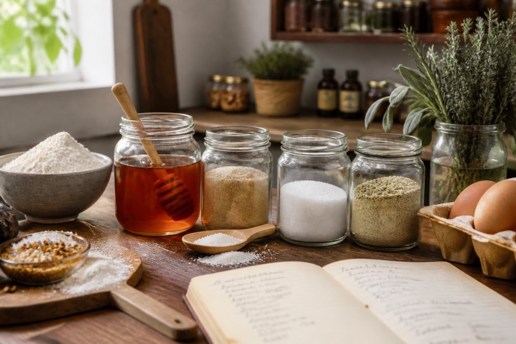 Küchenszenario mit verschiedenen Süßungsmitteln in Gläsern - Honig, Xylit, Erythrit, Stevia - arrangiert auf einer Arbeitsfläche neben Backzutaten, Mehl und einem offenen Rezeptbuch mit handgeschriebenen Notizen