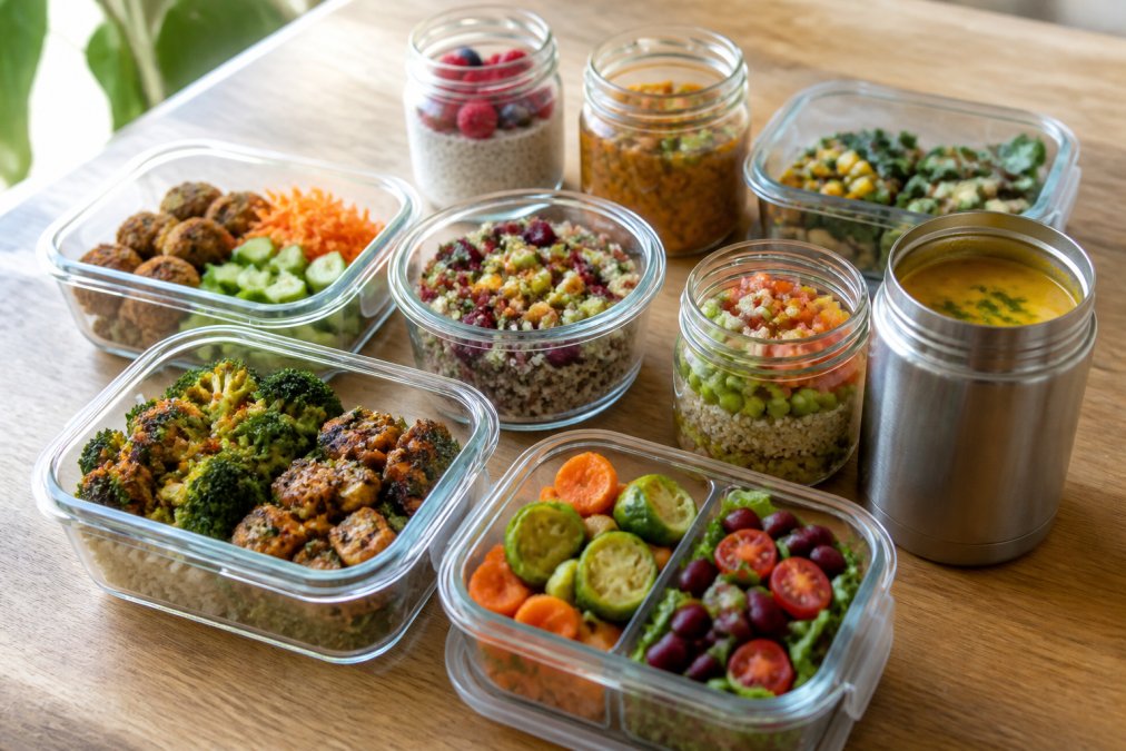 Mehrere befüllte Glasgefäße und Lunchboxen mit bunten, frisch vorbereiteten Mahlzeiten aus Linsen, Quinoa, Gemüse und Suppe, ordentlich nebeneinander auf einem hellen Holztisch arrangiert, Tageslicht von der Seite