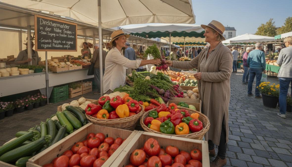 Bunte Gemüseauslage auf einem österreichischen Wochenmarkt mit frischen Tomaten, Zucchini und Paprika in Holzkisten, Kundenhände beim Auswählen von Produkten, warmes Morgenlicht