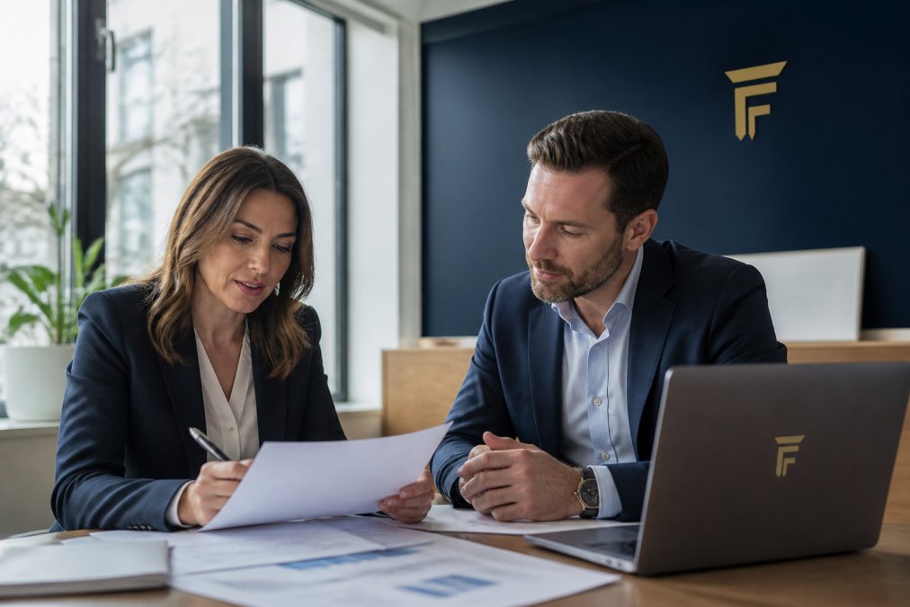 A business owner and a lender reviewing financial documents together at a desk in a bright office, with a laptop and paperwork visible