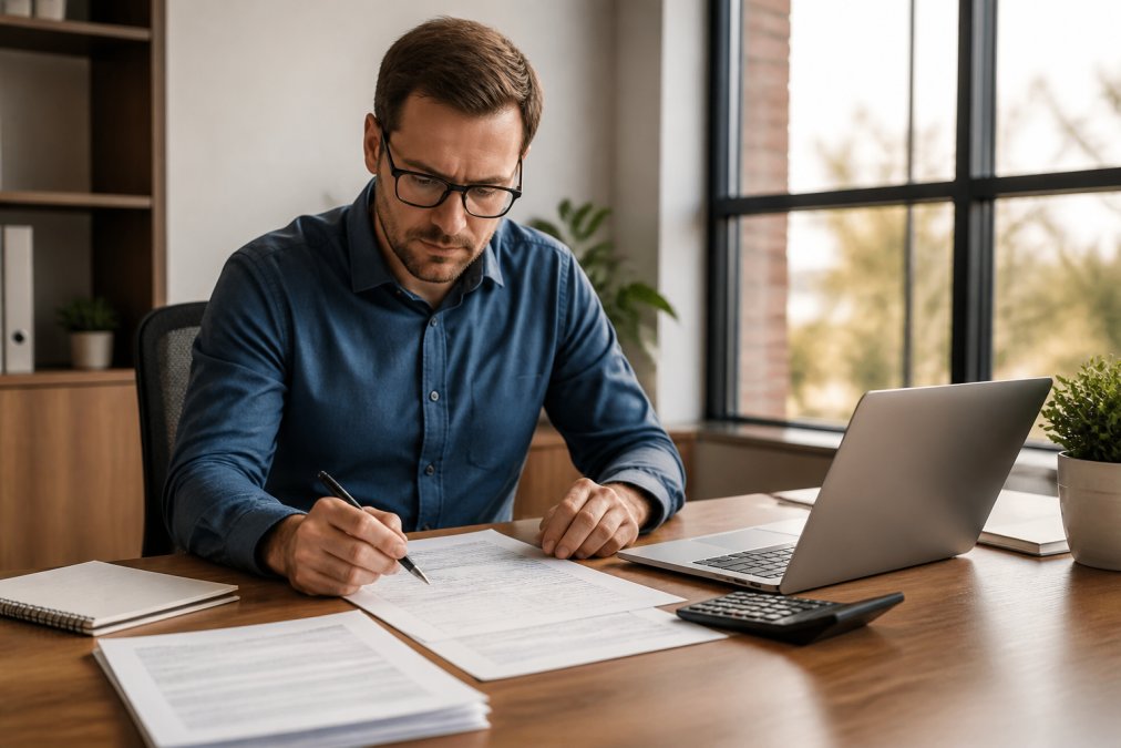 Business owner sitting at desk with laptop and insurance documents spread out, reviewing a quote with focused attention and a pen in hand, natural office lighting
