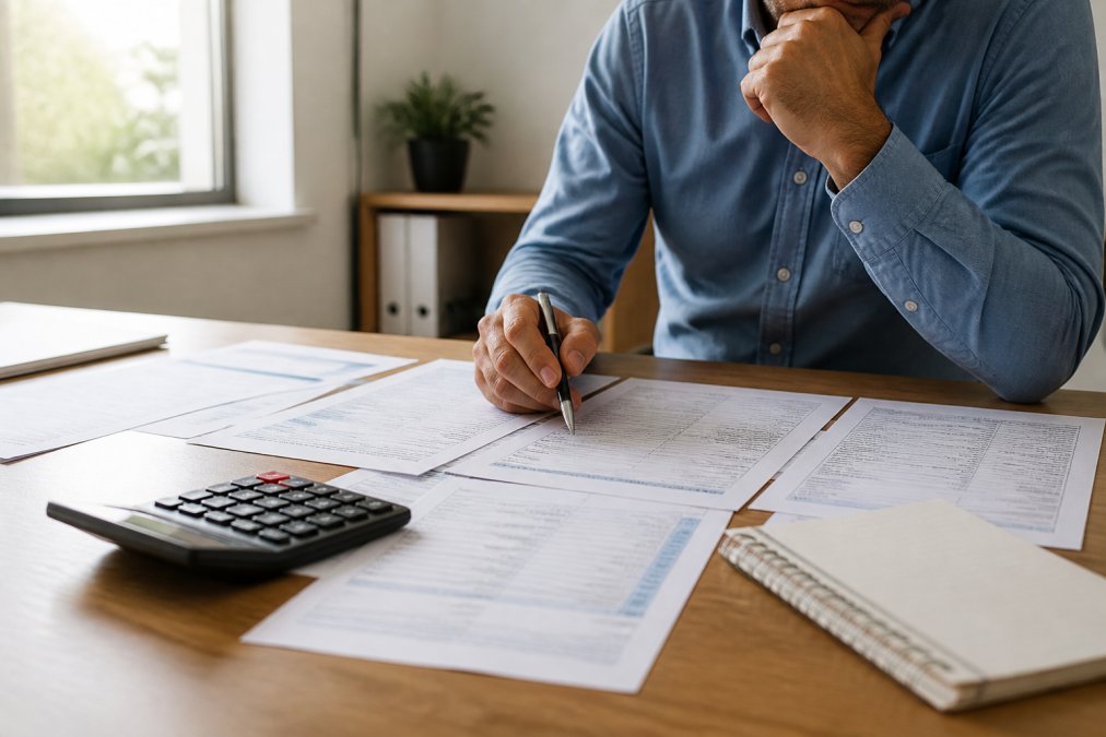 Professional reviewing multiple insurance quote documents spread across a desk with a calculator, pen, and notebook, natural office lighting streaming through a window