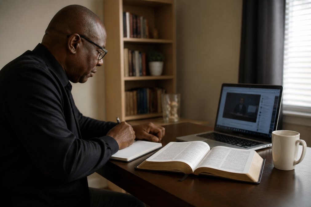 A pastor or church leader studying biblical texts at a desk with an open Bible, notebook, and laptop showing online course materials in a quiet home study space
