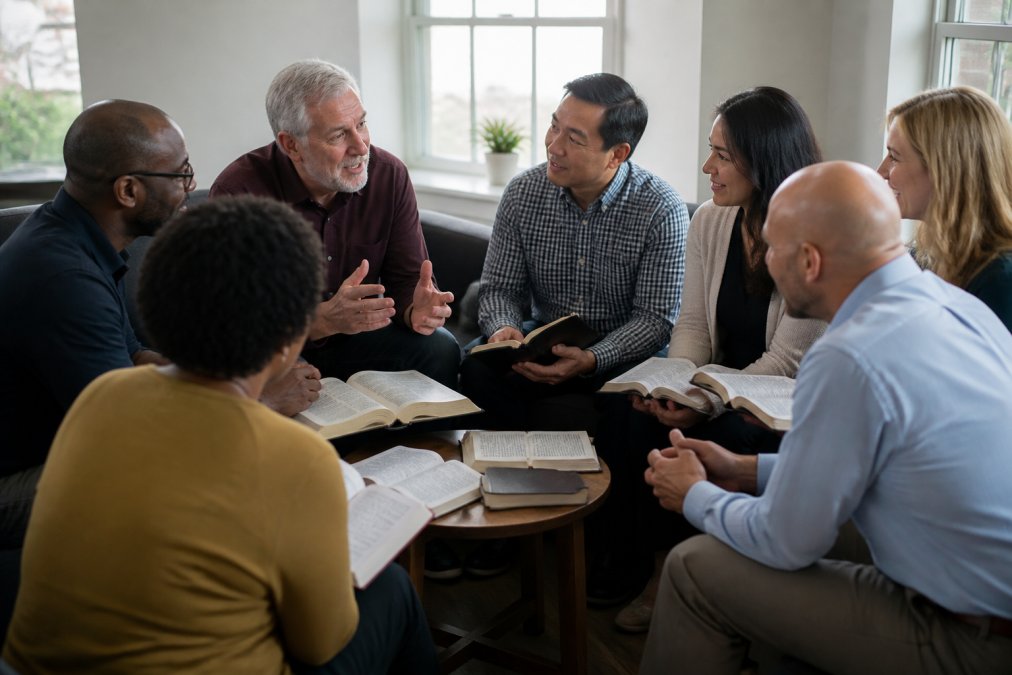 A diverse group of church leaders and pastors in discussion during a ministry meeting or training session, demonstrating collaborative pastoral leadership