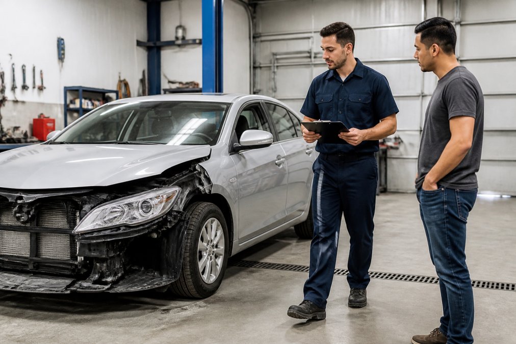 A friendly auto body shop estimator in a clean uniform holding a clipboard, walking around a silver sedan with visible front-end collision damage inside a bright, well-lit repair facility while the customer stands nearby watching