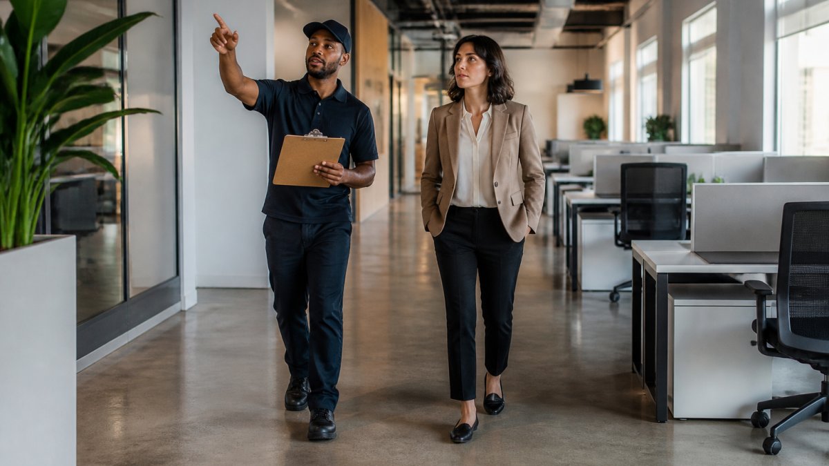 A cleaning company representative in uniform walking through a bright open-plan office with a clipboard, pointing out corners and baseboards to an office manager