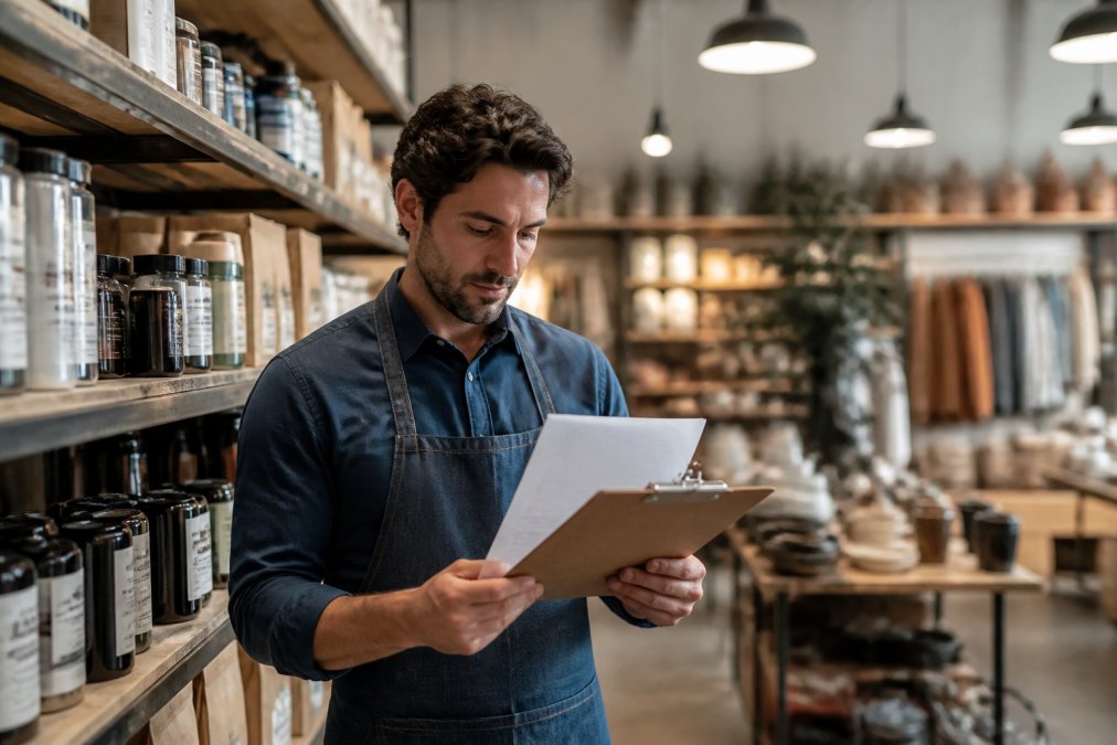 A business owner standing inside a well-lit commercial storefront reviewing documents on a clipboard, shelves of stocked inventory visible in the background, warm overhead lighting