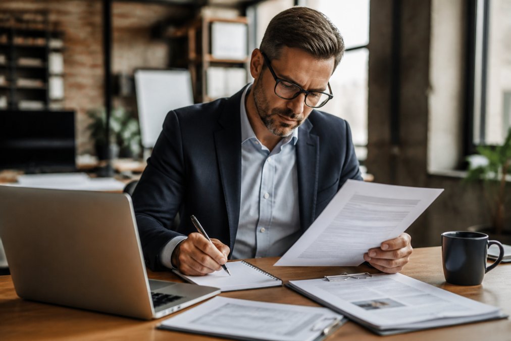 A professional sitting at a clean desk with a laptop open, reviewing printed insurance documents and writing notes on a notepad, warm office lighting, coffee cup nearby