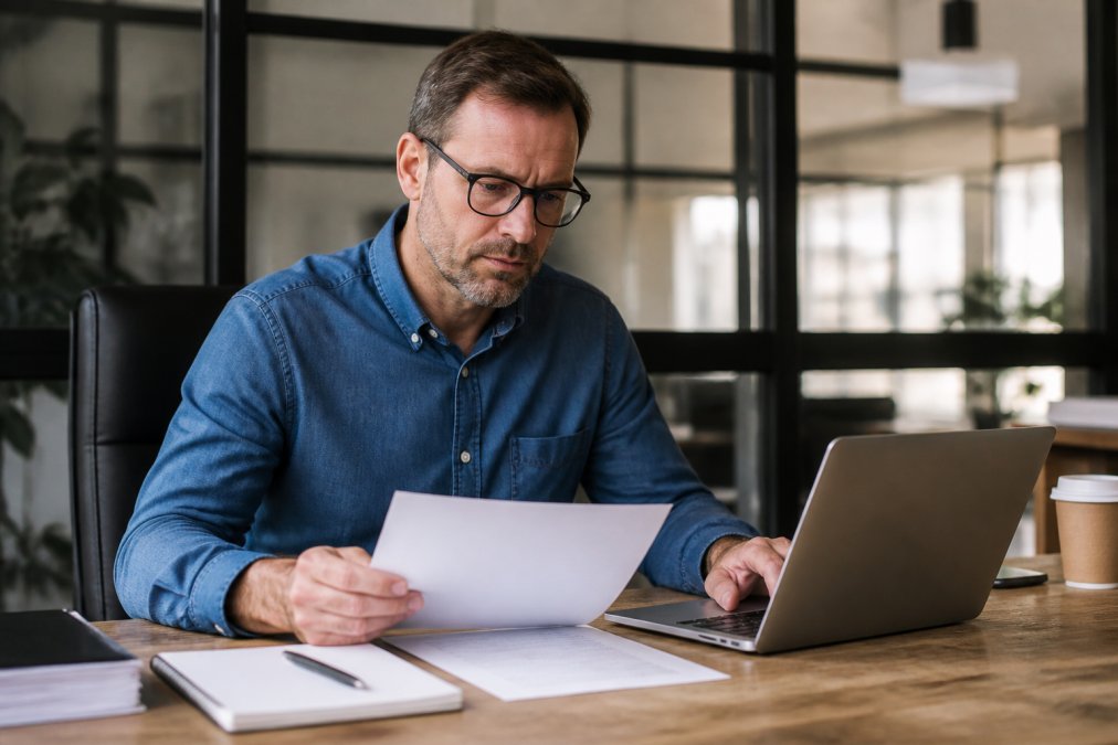 Small business owner sitting at a desk reviewing documents and typing on a laptop, with a notepad and pen nearby, in a well-lit professional office setting