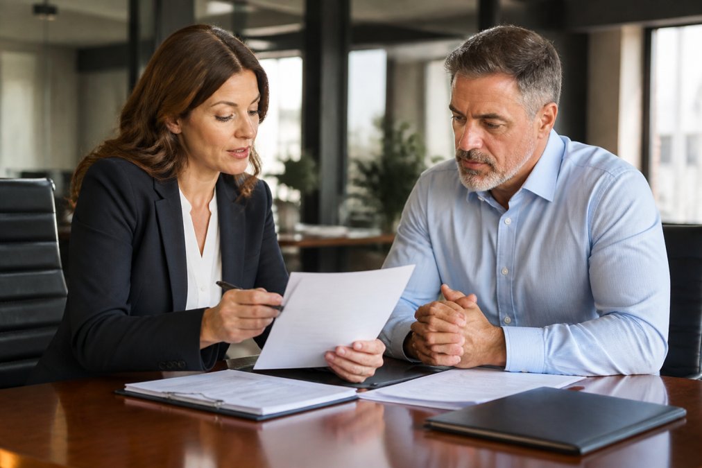 Licensed insurance advisor reviewing policy documents with a business client across a desk in a modern office, both looking at printed materials together